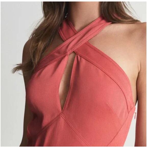 Reiss Orla Cross Front Halter Neck Midi Dress in Coral Pockets Size 10 - Picture 2 of 12